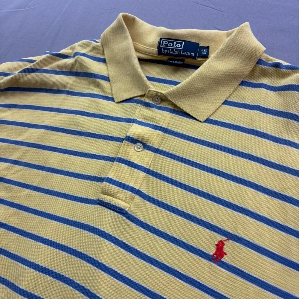 Polo Ralph Lauren Mens 2XL Big Yellow Blue Striped Short Sleeve Pique Polo Shirt